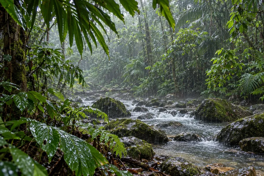 Rigogliosa foresta pluviale di Daintree durante la stagione delle piogge