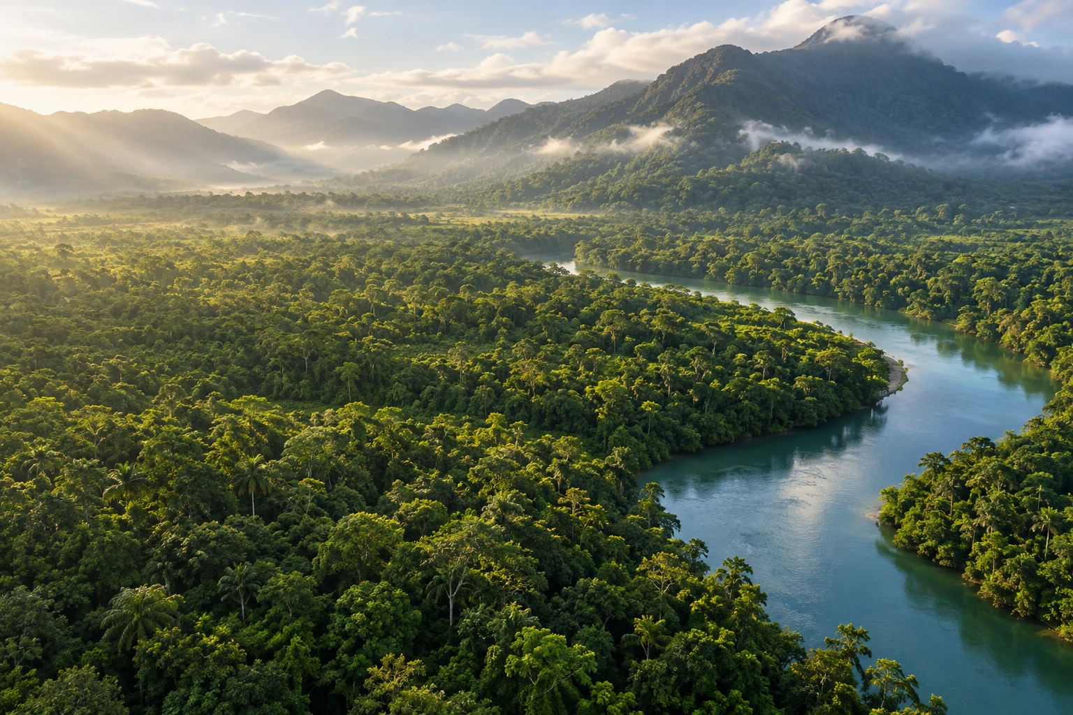 Foresta pluviale di Daintree, fiume sinuoso e catena montuosa nella luce del primo mattino