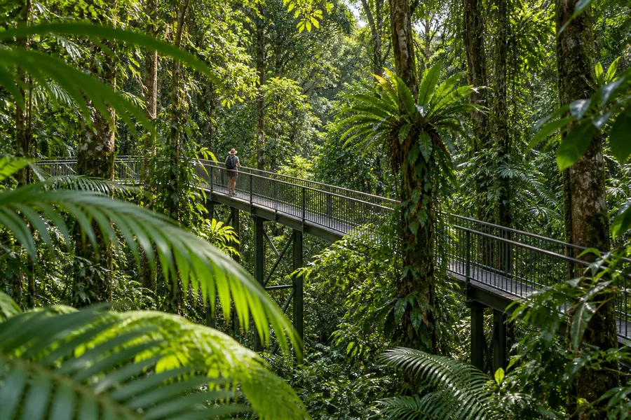 Passerella sopraelevata sotto la volta della foresta pluviale di Daintree