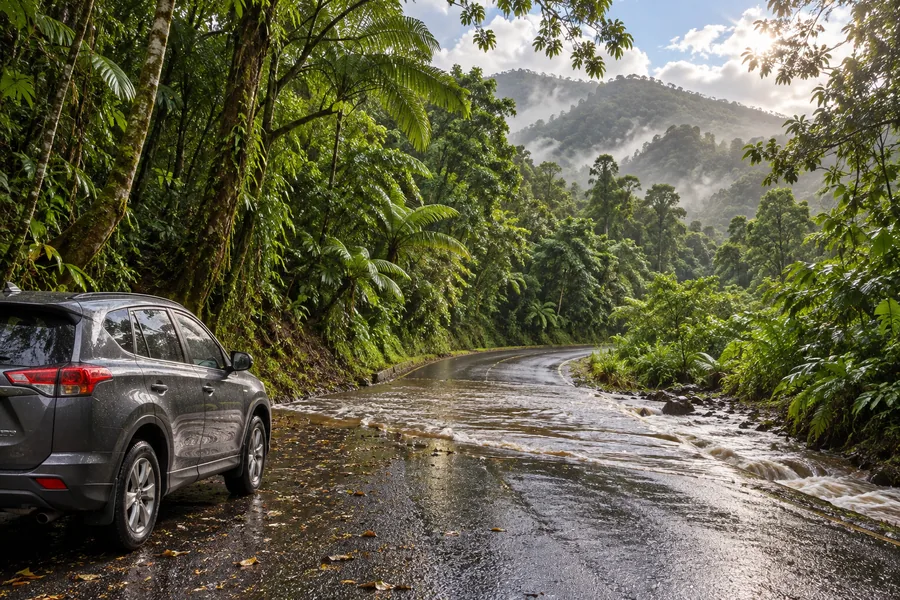 Veicolo fermo davanti a un tratto allagato di una strada nella foresta pluviale di Daintree