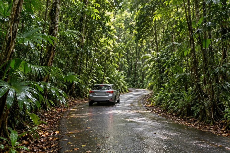 Auto su una strada asfaltata nella regione di Daintree